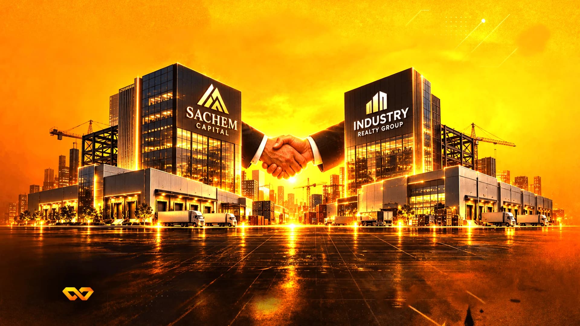 مبنيان بشعارات Sachem Capital وIndustry Realty Group يربط بينهما مصافحة كبيرة في مشهد مدينة ذهبي.
