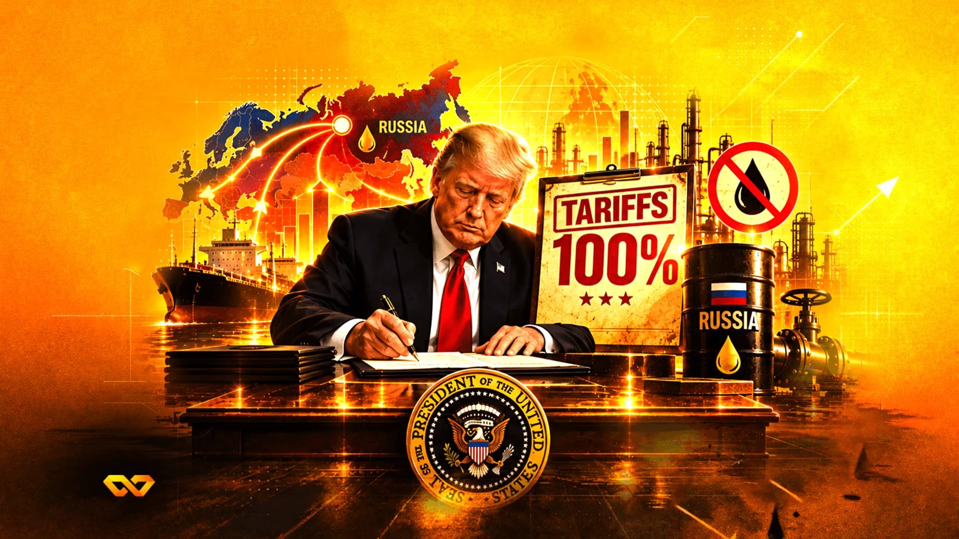 دونالد ترامب يوقع وثيقة على مكتب مع لافتة تعريفات جمركية بنسبة 100٪ وبرميل نفط روسي وخريطة في الخلفية.
