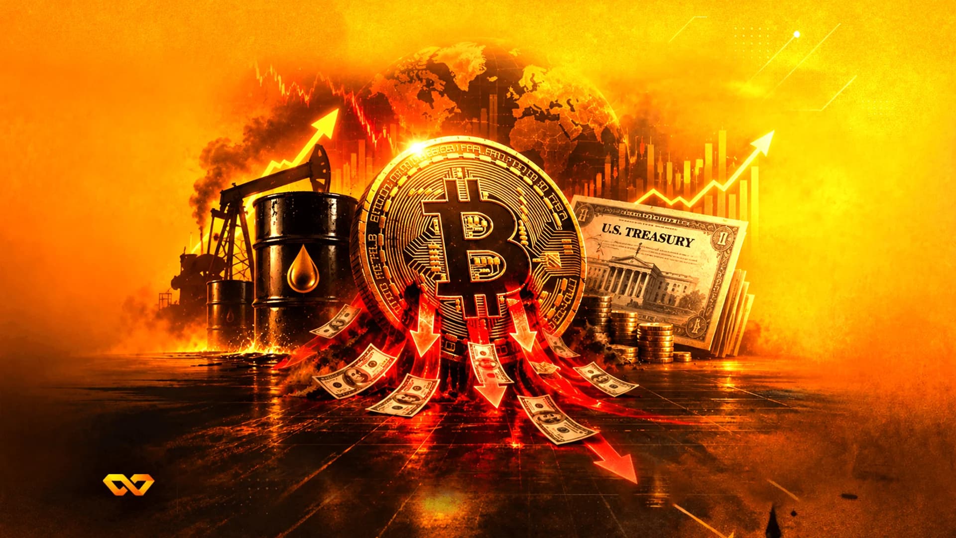 عملة بيتكوين تتوسط براميل نفط، وسند خزينة أمريكي، ودولارات متساقطة على خلفية برتقالية نارية.