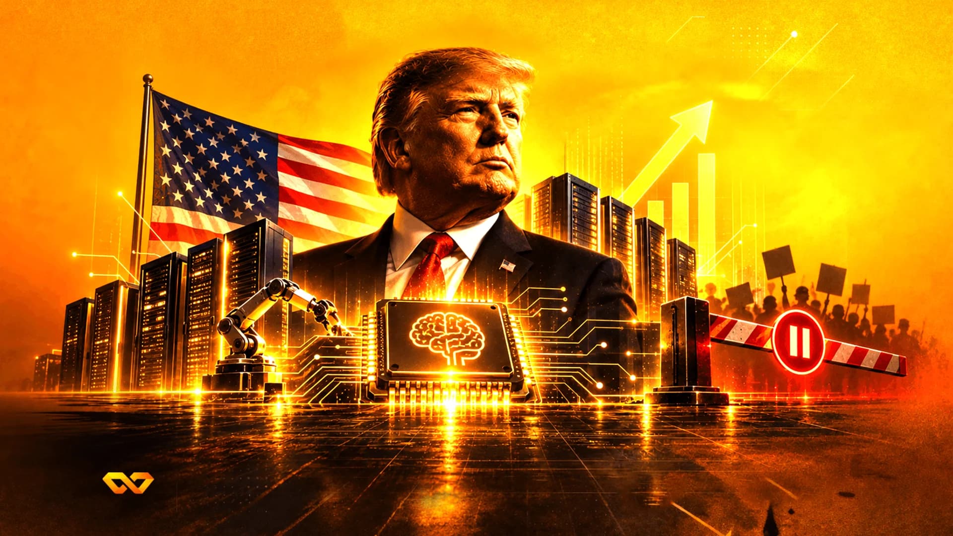 صورة لدونالد ترامب فوق مشهد رقمي يضم علم الولايات المتحدة، شريحة ذكاء اصطناعي، خوادم، وسهمًا صاعدًا.