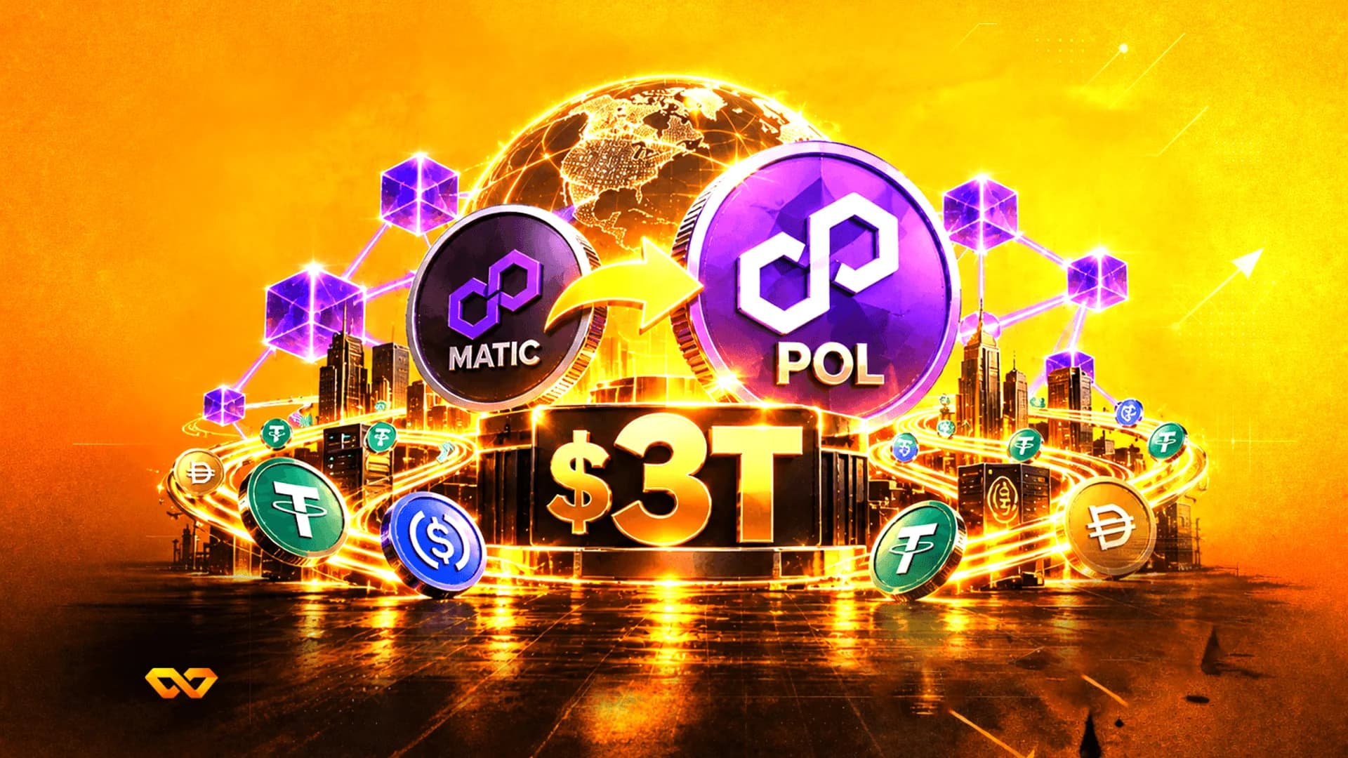 رسم توضيحي رقمي لعملات MATIC و POL مع علامة 3 تريليون دولار فوق مدينة مستقبلية وكرة أرضية متوهجة.