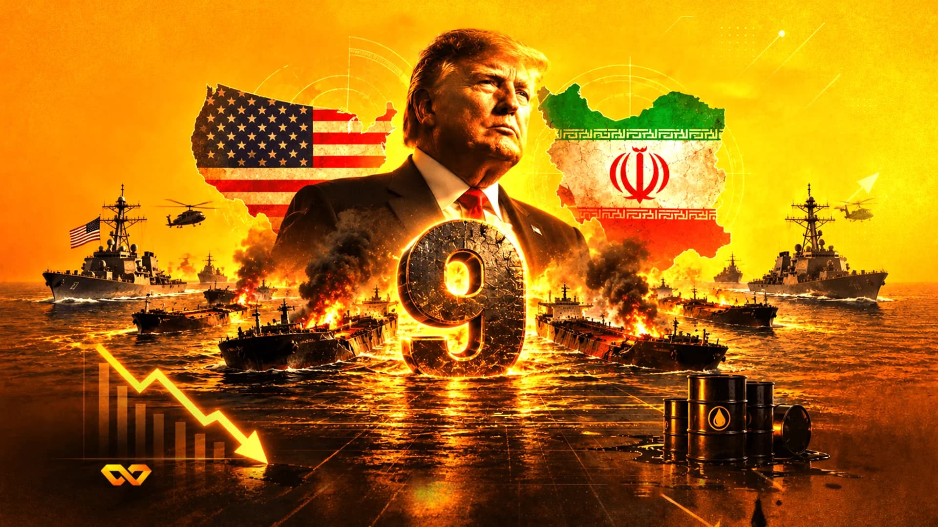 صورة لدونالد ترامب بين خريطتي الولايات المتحدة وإيران، ناقلات نفط محترقة، سفن حربية، ورقم تسعة كبير.