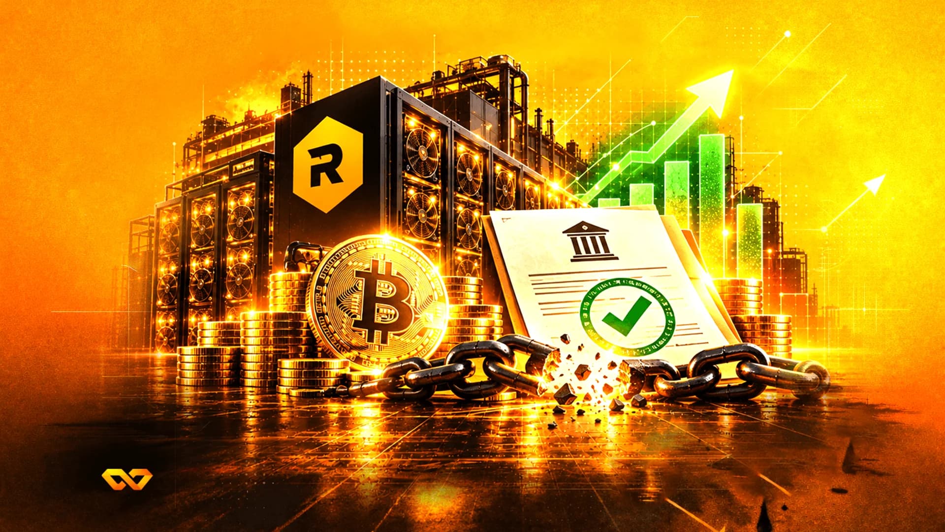عملة بيتكوين، خوادم عليها شعار حرف R، أكوام من العملات، وثيقة عليها علامة صح خضراء، ورسم بياني صاعد.