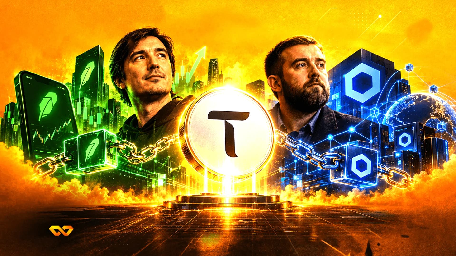 صورة لرجلين يحيطان بعملة TAO المركزية، مع شعارات Robinhood وChainlink في مدينة رقمية.
