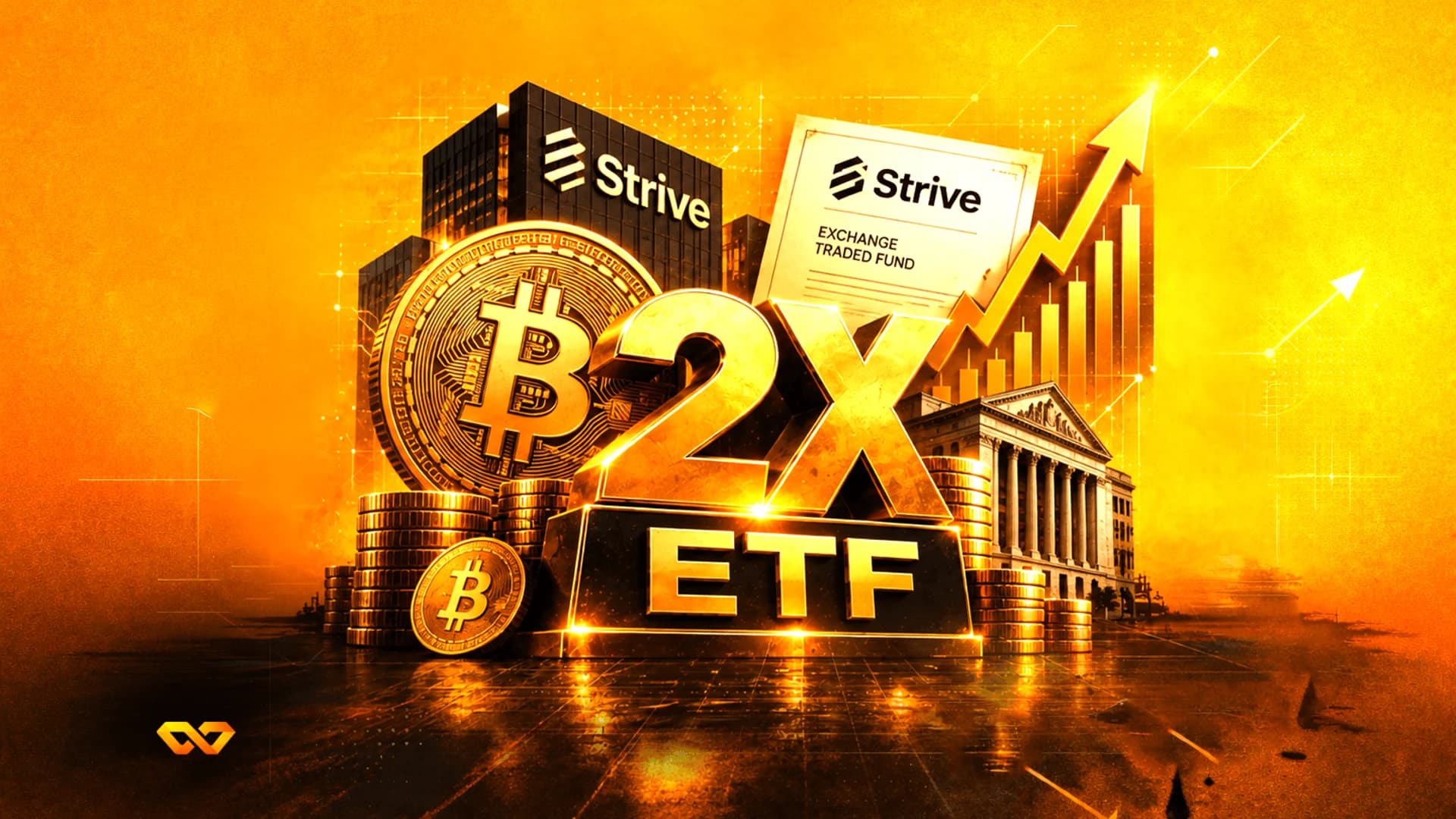 رسم توضيحي ذهبي لعملة بيتكوين، ونص 2X ETF، ورسم بياني صاعد، ومبانٍ تحمل شعار Strive.