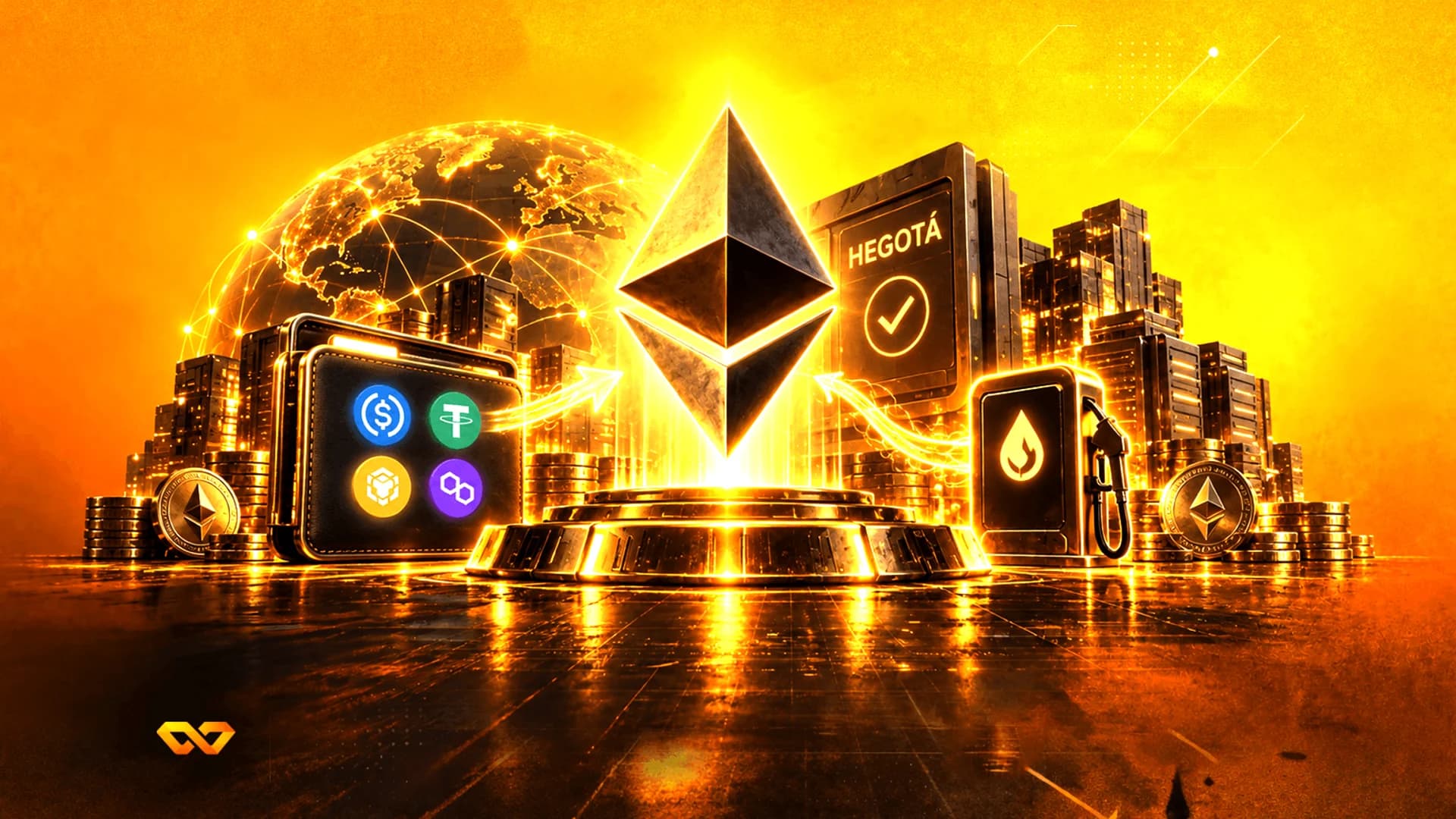 شعار إيثيريوم متوهج يطفو فوق منصة ذهبية في مدينة مستقبلية مع محفظة رقمية ومضخة وقود.