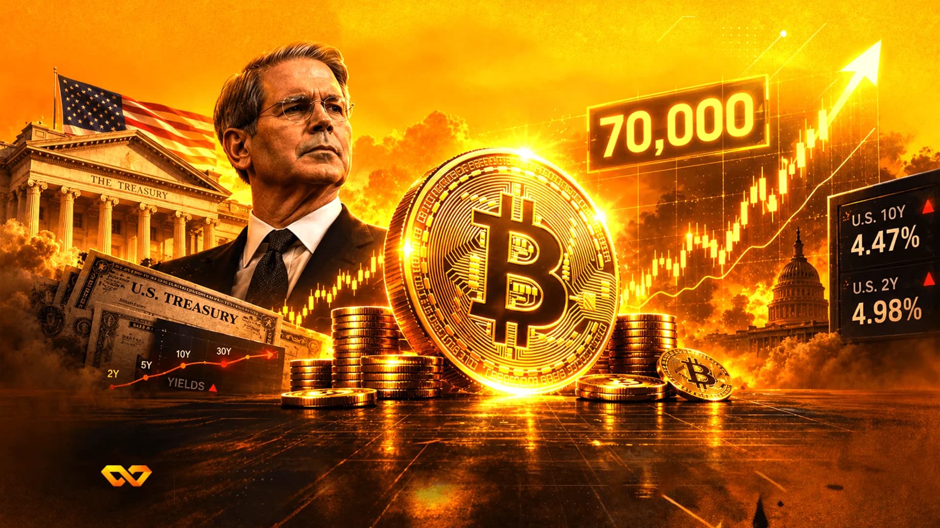 كولاج يضم رجلاً ببدلة، وعملة بيتكوين كبيرة، ومبنى الخزانة الأمريكية، ورسوم بيانية مالية صاعدة.