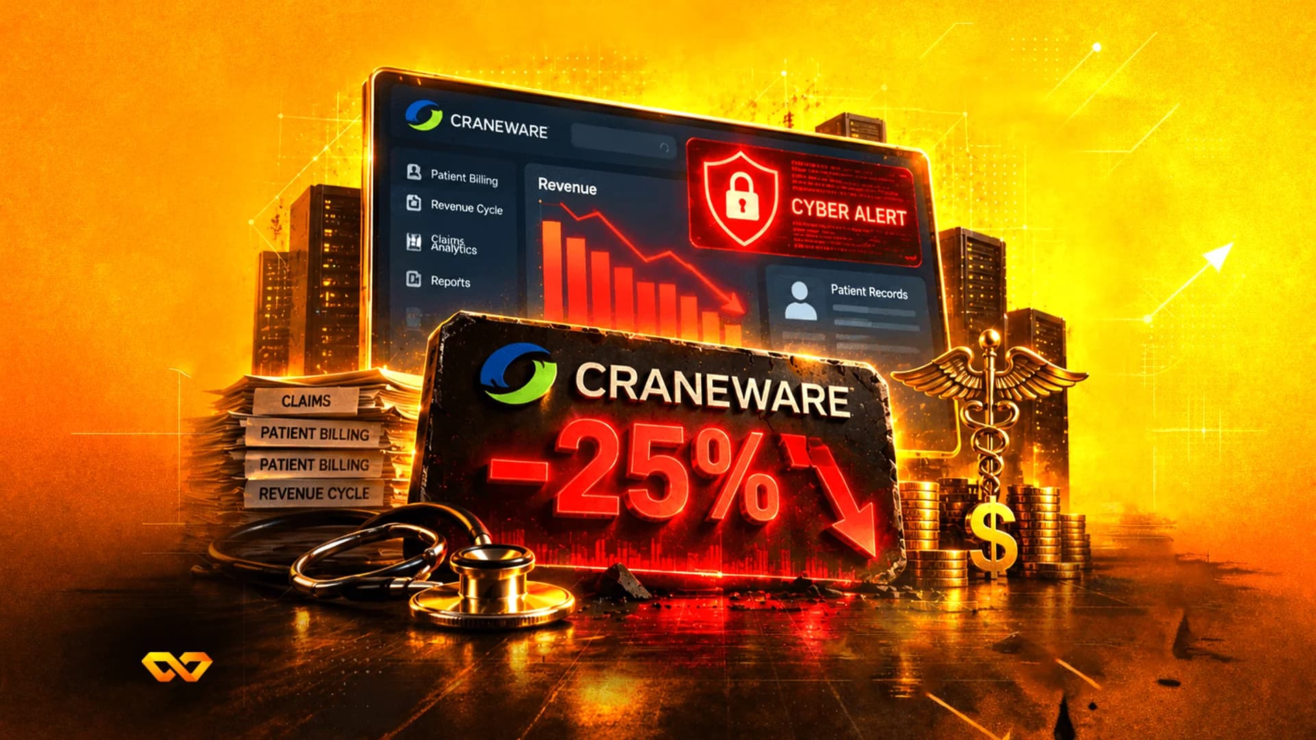 شاشة رقمية عليها شعار Craneware وتنبيه سيبراني ورسم بياني للإيرادات المتناقصة بجانب علامة -25% وسماعة طبية.