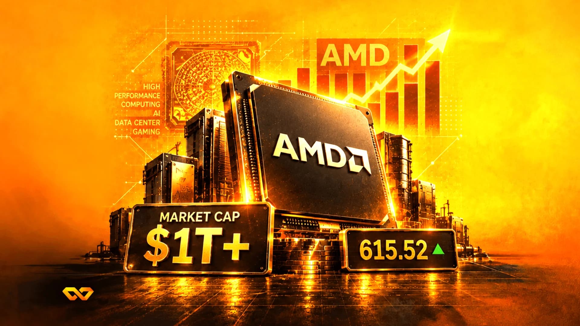 رسم توضيحي ذهبي لمعالج AMD مع مخطط أسهم صاعد وعلامة تشير إلى قيمة سوقية تزيد عن تريليون دولار.