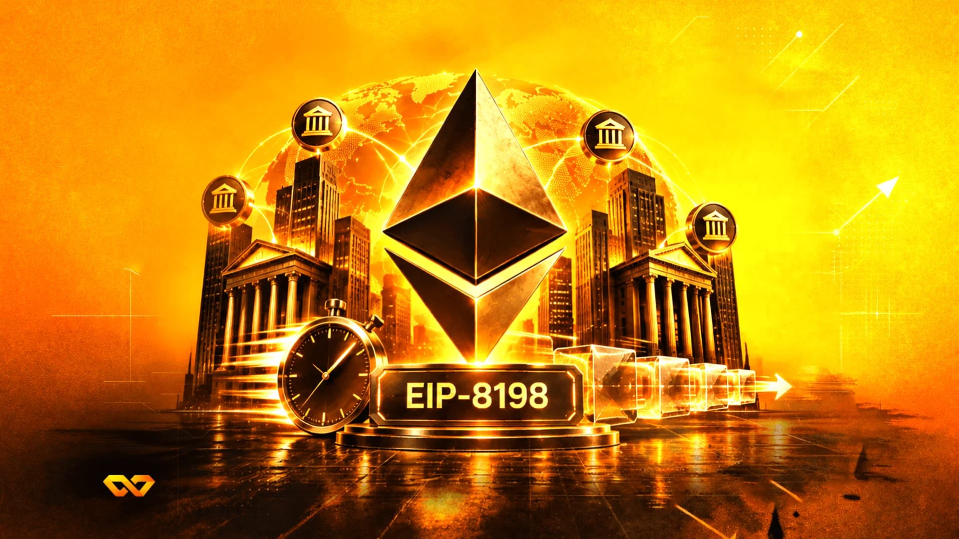 شعار إيثيريوم ذهبي يتوسط مباني بنكية كلاسيكية، وكرة أرضية، وساعة، ونص EIP-8198.