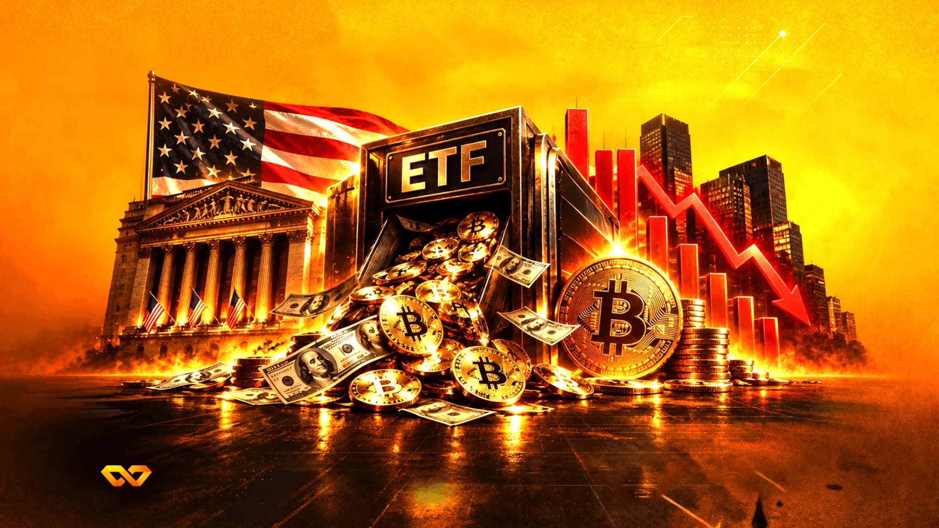 عملات بيتكوين ودولارات تتدفق من صندوق ETF أمام العلم الأمريكي ورسم بياني هابط باللون الأحمر.
