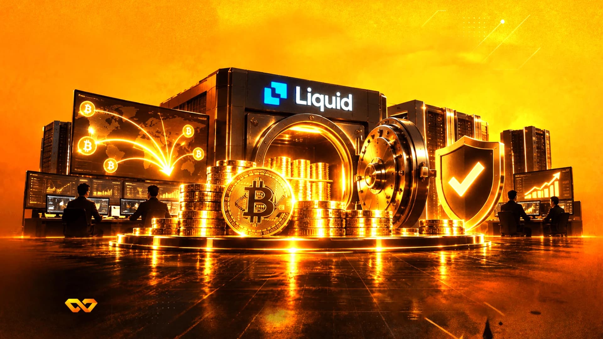 رسم رقمي لخزنة ذهبية عليها شعار Liquid، وأكوام من عملات بيتكوين، ومتداولون أمام شاشات.