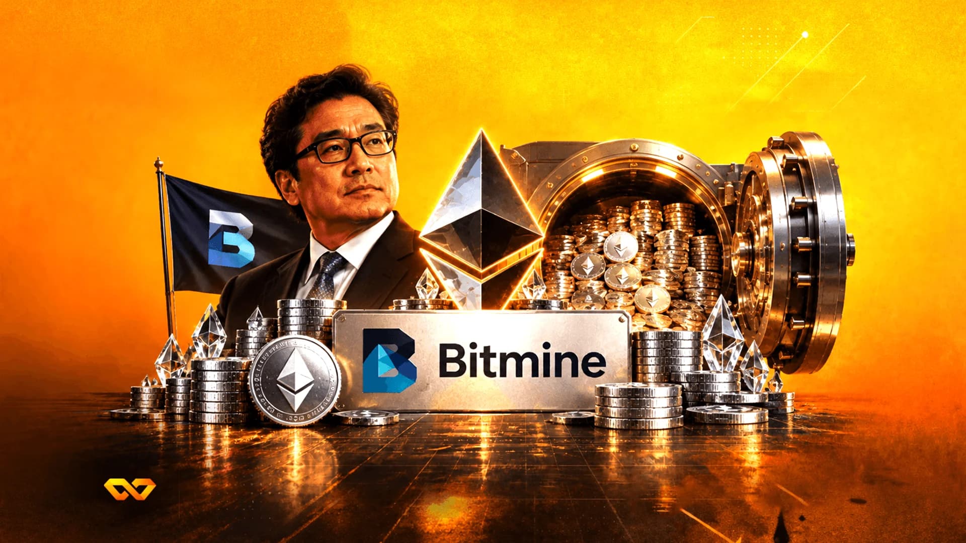 رجل ببدلة بجانب شعار إيثيريوم كبير وخزنة عملات ولوحة Bitmine على خلفية برتقالية.
