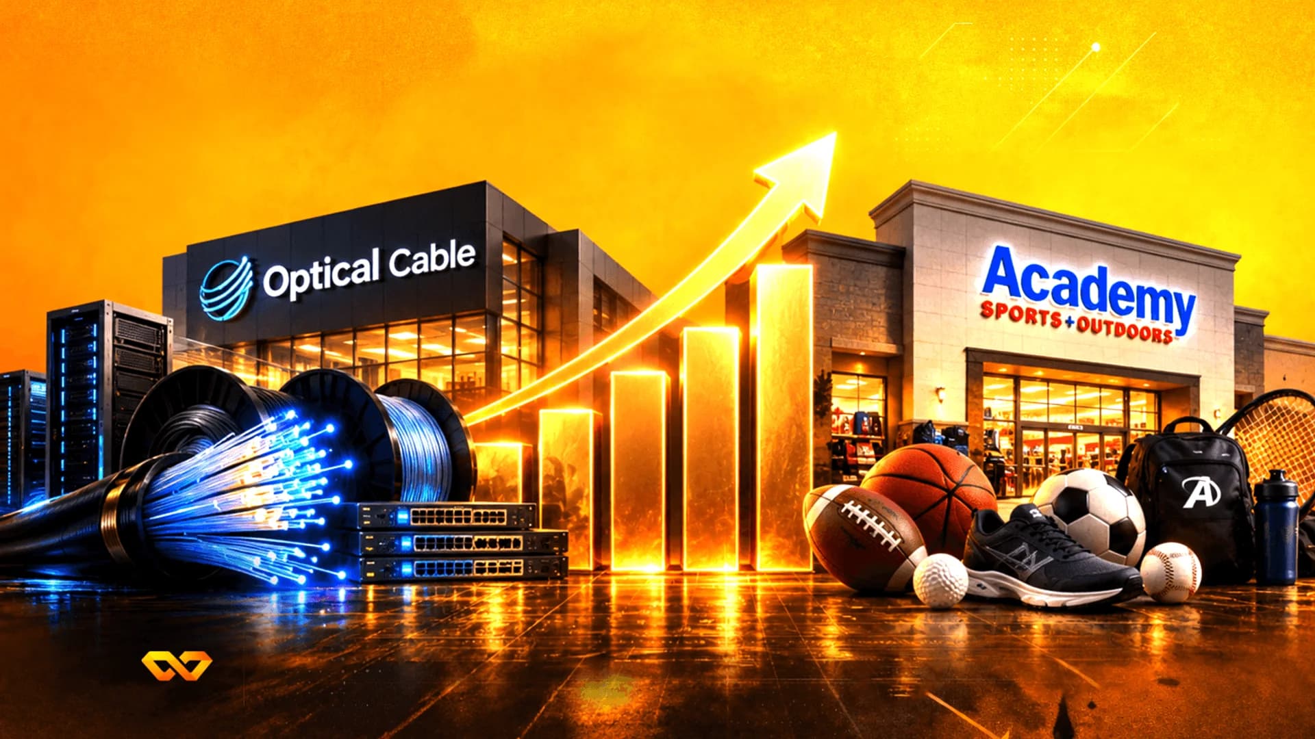 واجهات متاجر Optical Cable وAcademy Sports مع رسم بياني صاعد ومعدات شبكات وأدوات رياضية.
