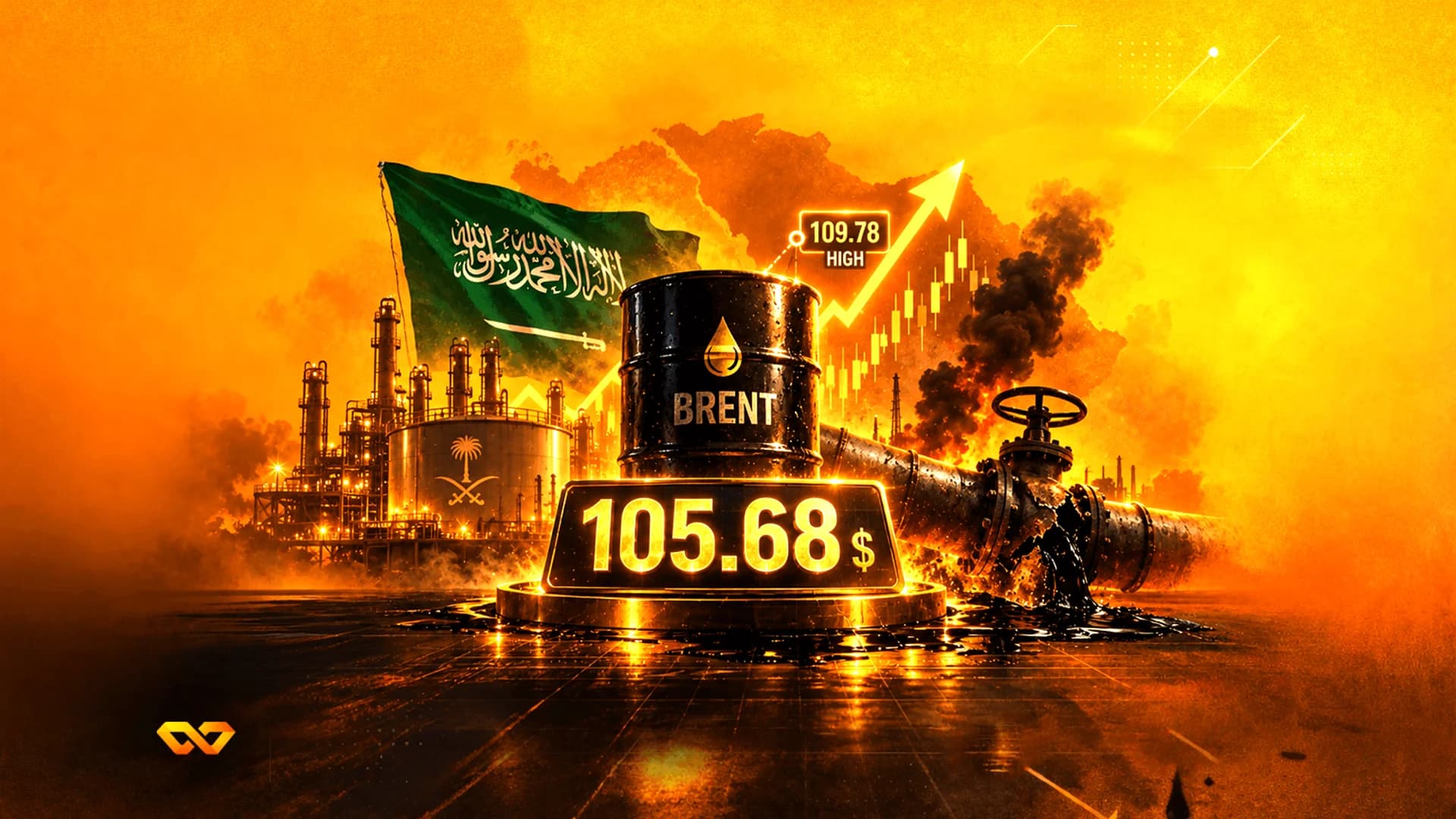 برميل نفط مكتوب عليه برنت مع شاشة سعر 105.68 أمام علم السعودية ومصفاة نفط.