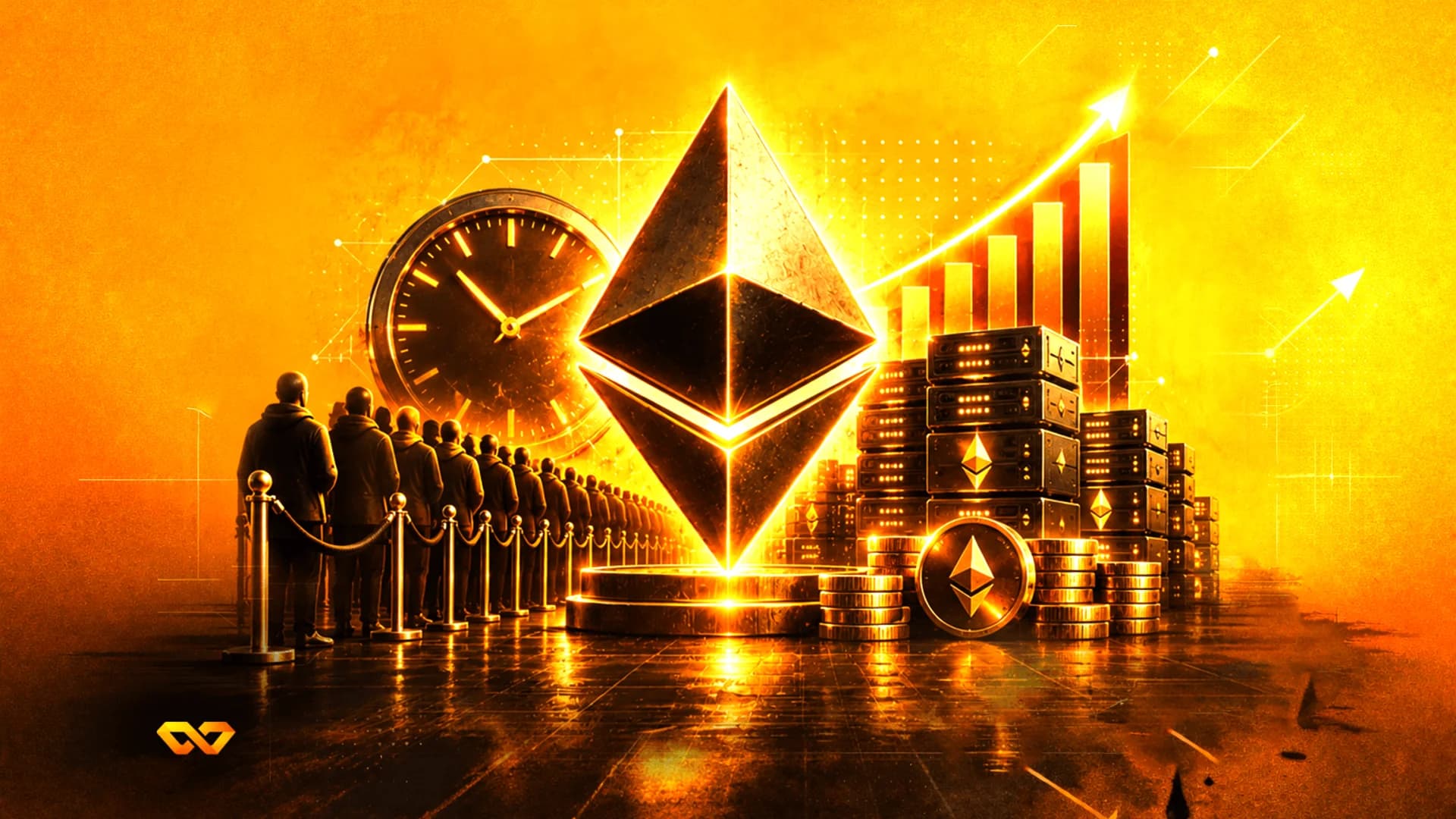 شعار إيثيريوم متوهج مع رفوف خوادم وساعة وطابور من الأشخاص ومخطط بياني صاعد على خلفية ذهبية.