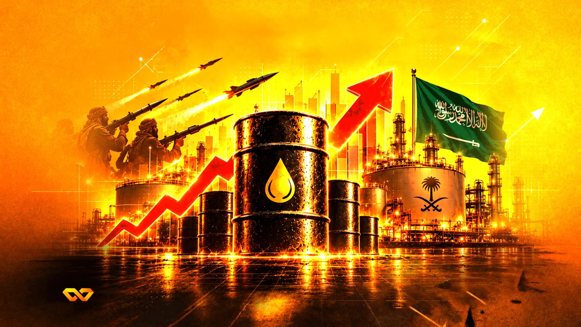 براميل نفط وسهم أحمر صاعد أمام مصفاة وعلم السعودية وجنود يطلقون صواريخ.