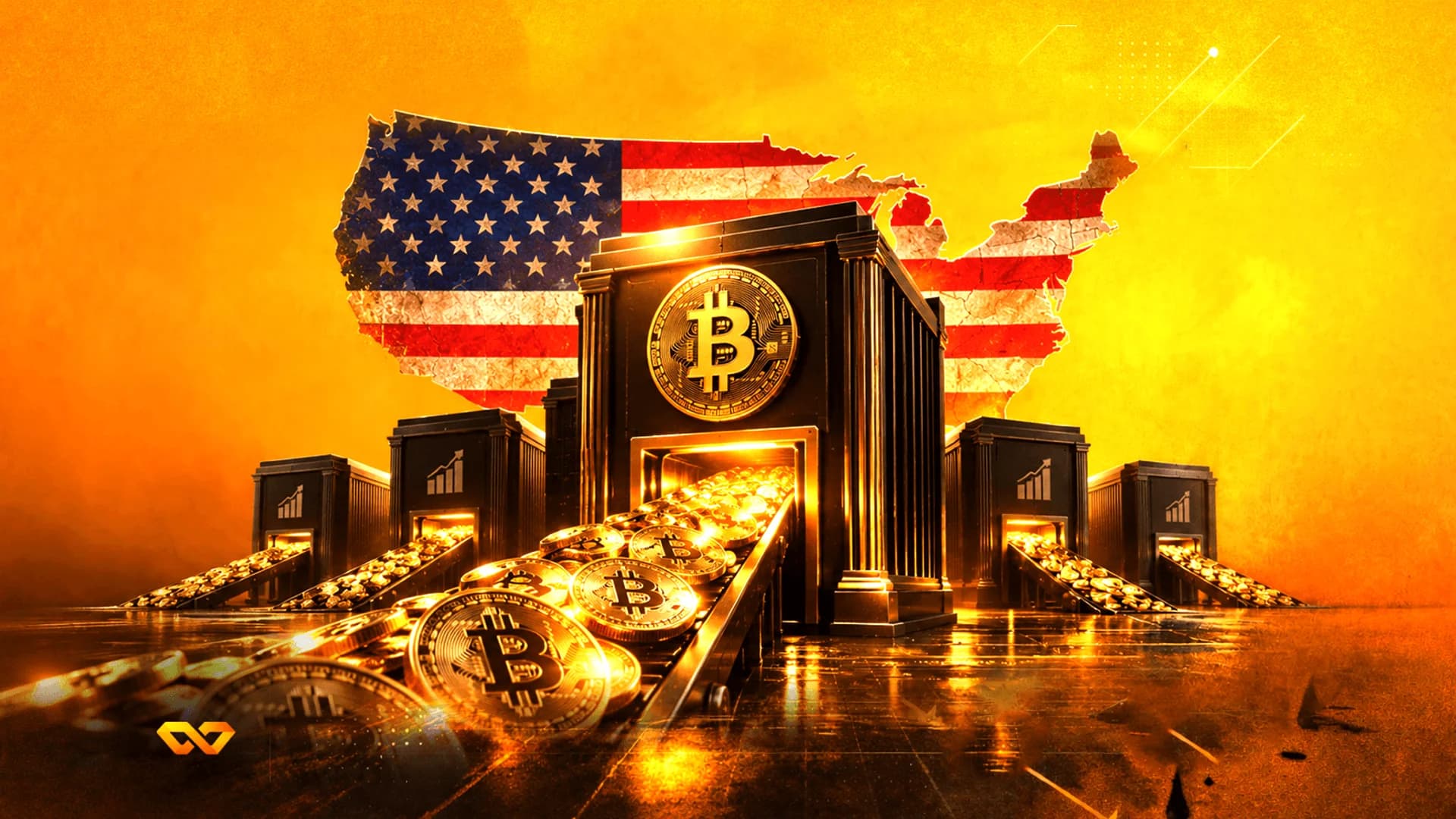 عملات بيتكوين تتدفق من خزنة سوداء أمام خريطة للولايات المتحدة بنمط العلم الأمريكي على خلفية ذهبية.