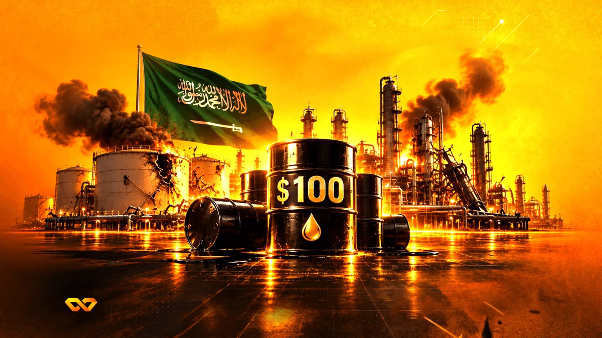 براميل نفط وعلم السعودية أمام مصفاة نفط مشتعلة تحت سماء برتقالية.