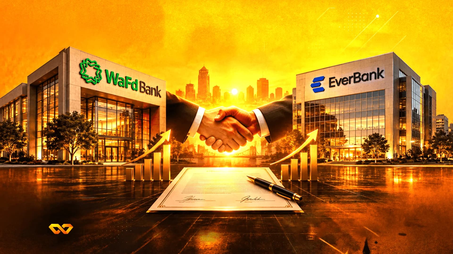 مصافحة بين مبنيي بنك WaFd وبنك EverBank مع وثيقة موقعة ورسوم بيانية شريطية صاعدة في المقدمة.