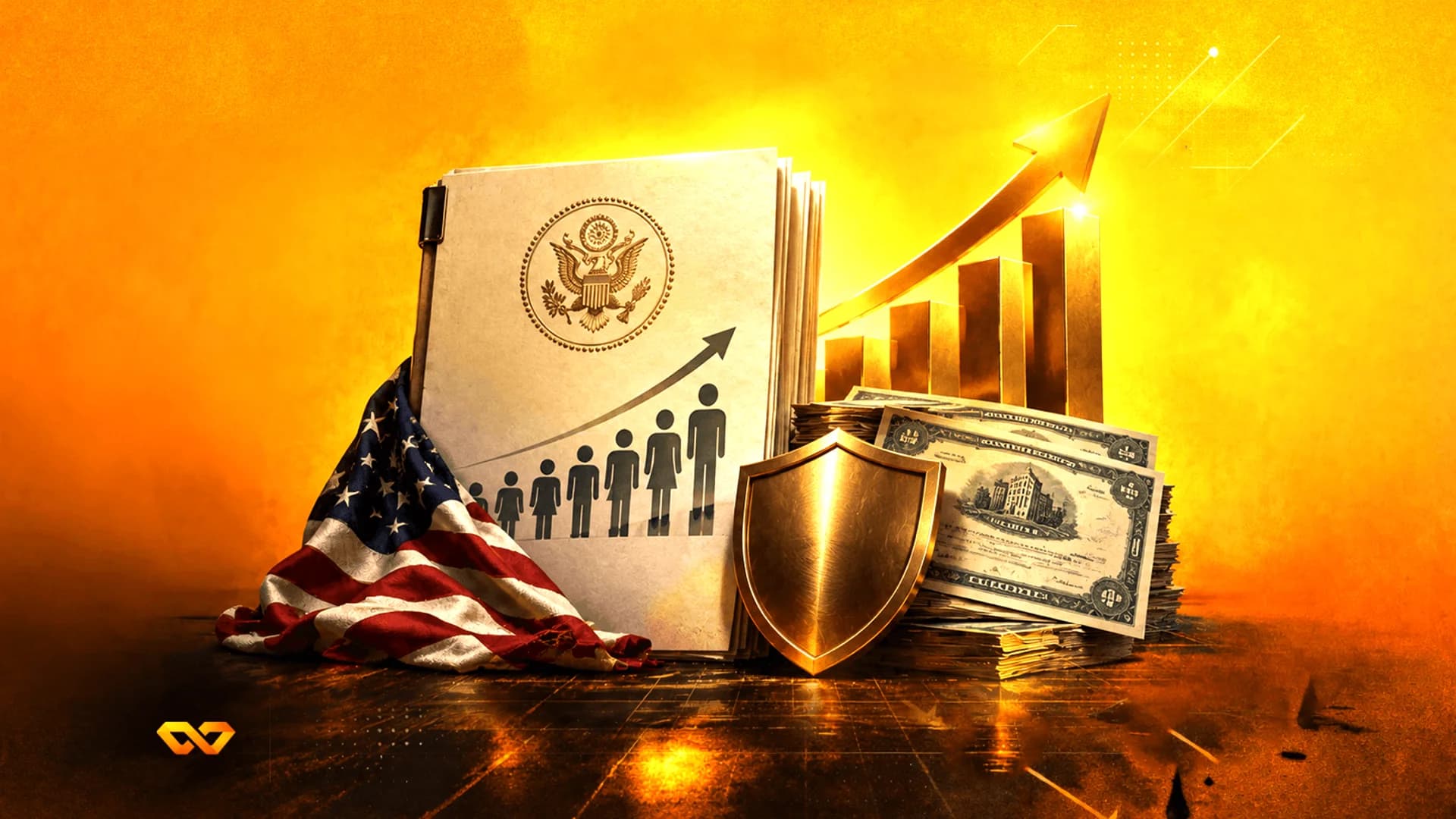 وثيقة حكومية أمريكية عليها الختم العظيم، وعلم أمريكي، ودرع ذهبي، ورسم بياني صاعد على خلفية ذهبية.