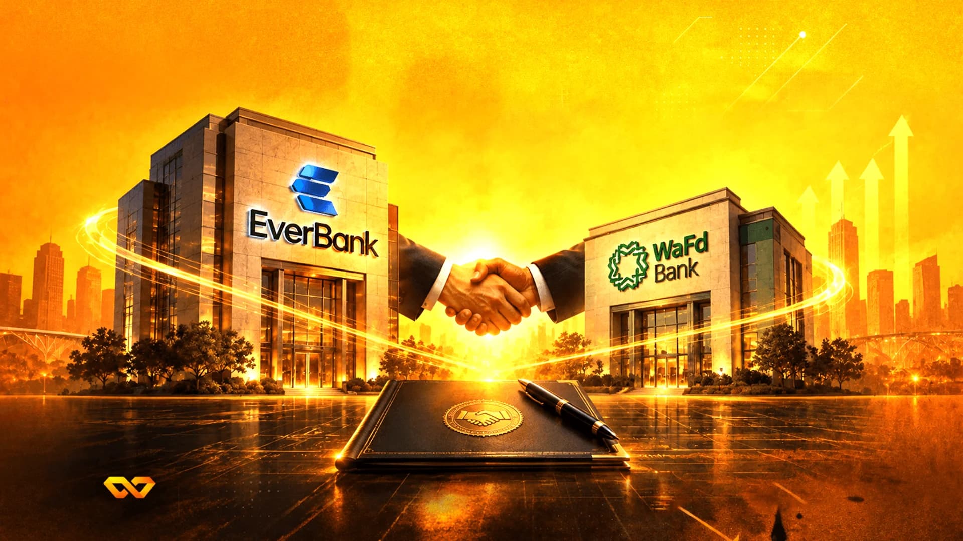 مصافحة بين مبنيي EverBank وWaFd Bank فوق وثيقة مع خلفية مدينة ذهبية.