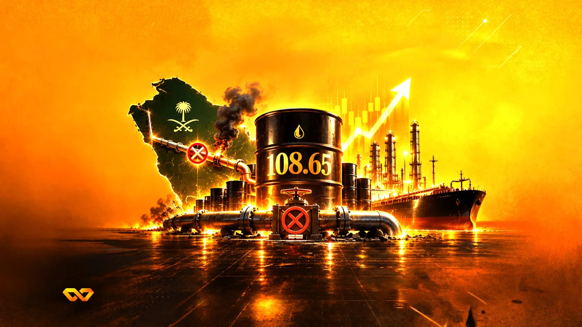 برميل نفط بسعر 108.65، خريطة السعودية، مصفاة، ورسم بياني صاعد على خلفية برتقالية نارية.