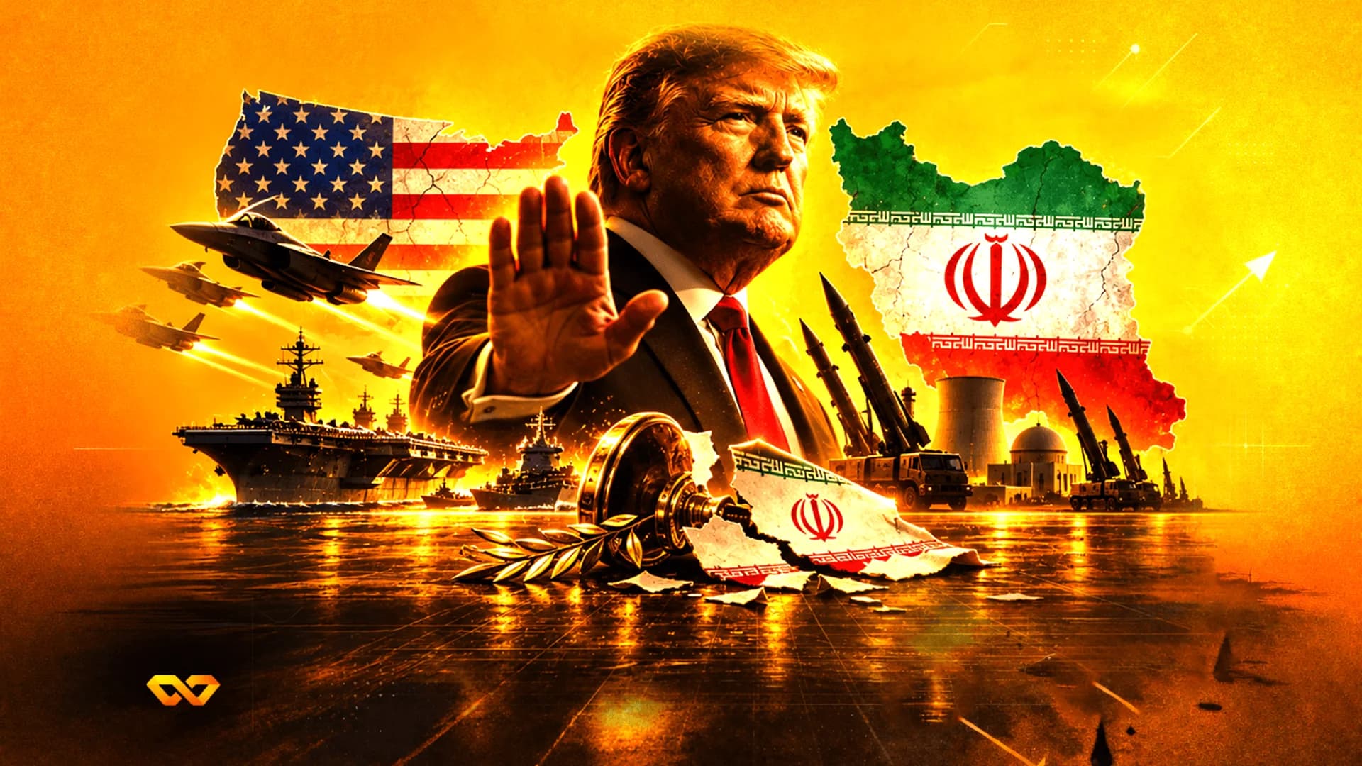 دونالد ترامب يرفع يده بين خريطتي الولايات المتحدة وإيران، مع معدات عسكرية وخلفية نارية.