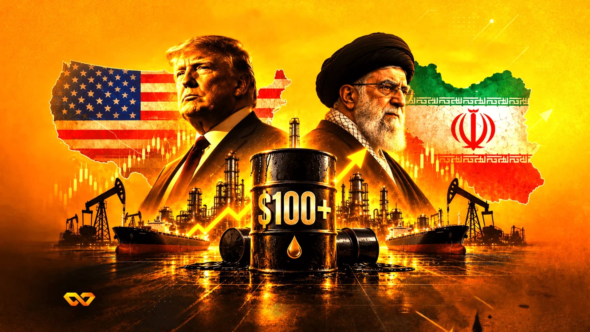 دونالد ترامب وعلي خامنئي بجانب برميل نفط يحمل علامة +100 دولار مع أعلام أمريكا وإيران ومنشآت نفطية.
