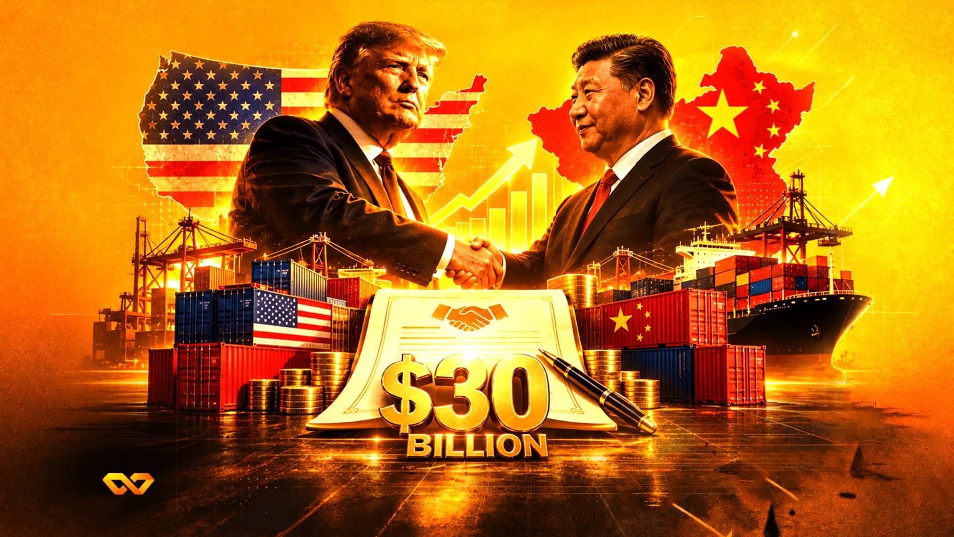 دونالد ترامب وشي جين بينغ يتصافحان فوق وثيقة بقيمة 30 مليار دولار مع أعلام وسفن شحن في الخلفية.