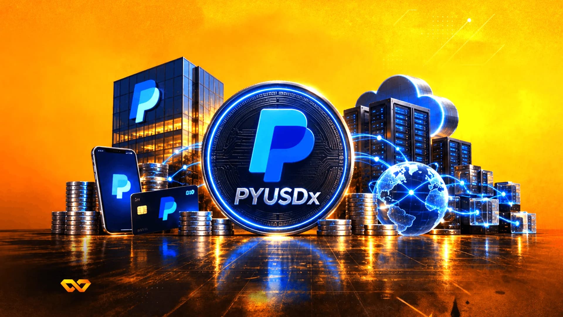 رسم توضيحي لعملة PayPal PYUSDx مع هاتف ذكي وبطاقة ائتمان وخوادم وكرة أرضية متوهجة على خلفية برتقالية.