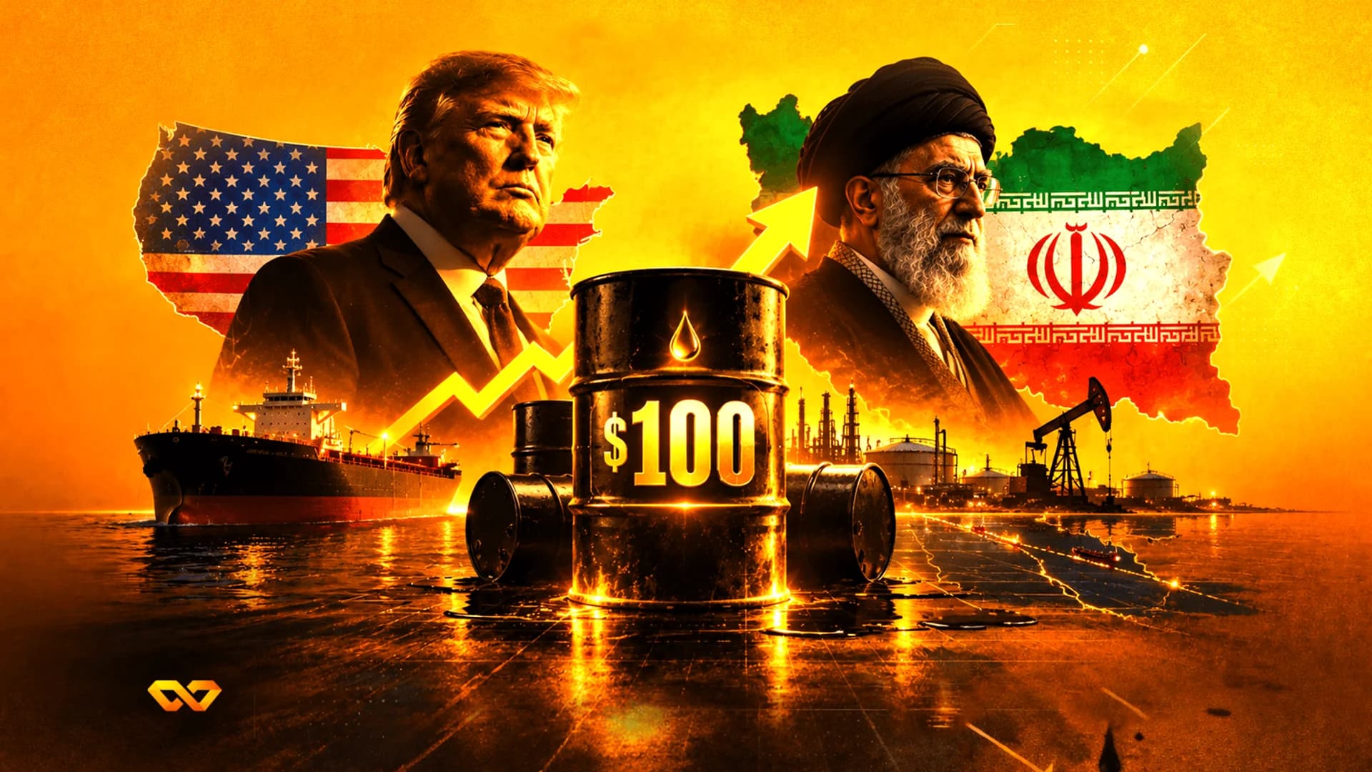 صور لدونالد ترامب وعلي خامنئي بجانب برميل نفط بقيمة 100 دولار مع أعلام الولايات المتحدة وإيران.