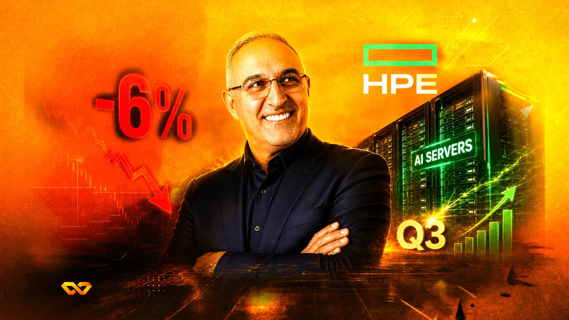 رجل ببدلة يبتسم بجانب شعار HPE، وخوادم، وسهم أحمر -6%، ورسم بياني لنمو الربع الثالث على خلفية برتقالية.