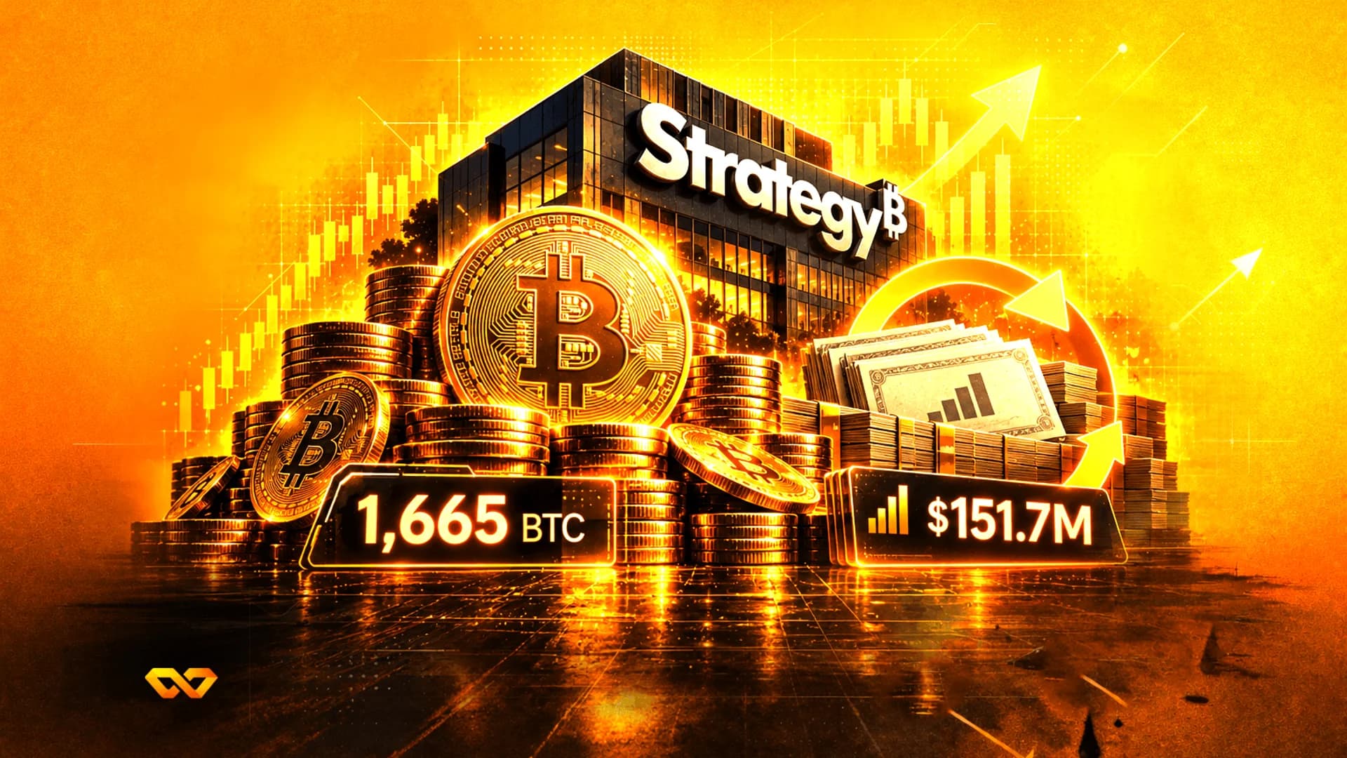 عملات بيتكوين ذهبية مكدسة أمام مبنى يحمل كلمة Strategy، مع شاشات رقمية تعرض كميات من البيتكوين والدولار.