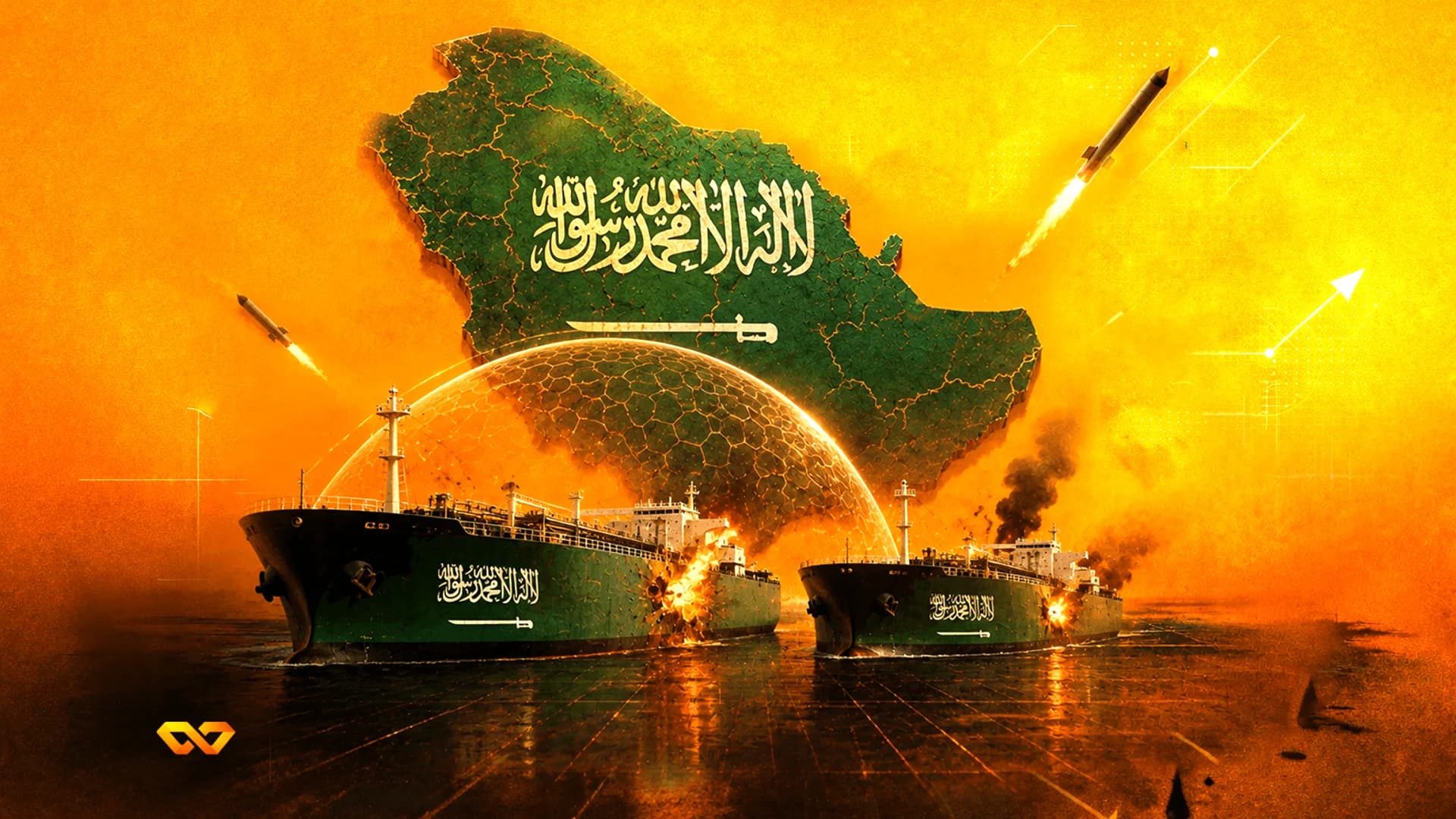 خريطة السعودية فوق ناقلات نفط، إحداهما تحت قبة والأخرى يتصاعد منها الدخان، مع صواريخ في سماء برتقالية.