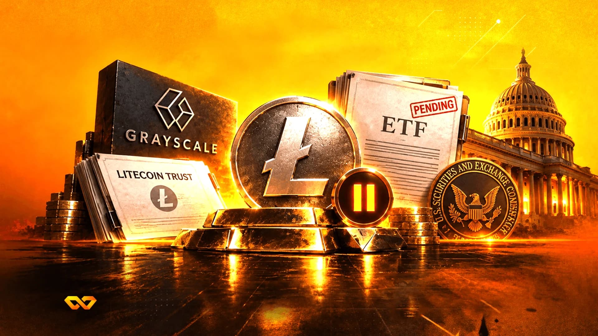 عملة لايتكوين تتوسط شعار غرايسكيل، وثائق صناديق الاستثمار، ختم هيئة الأوراق المالية، ومبنى الكابيتول الأمريكي.