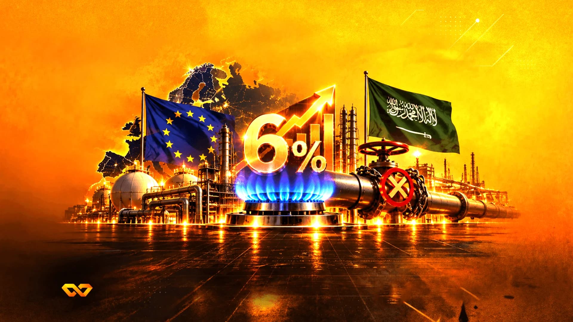 مصفاة مع أعلام الاتحاد الأوروبي والسعودية، ورسم بياني لزيادة بنسبة 6%، وموقد غاز بلهب أزرق.