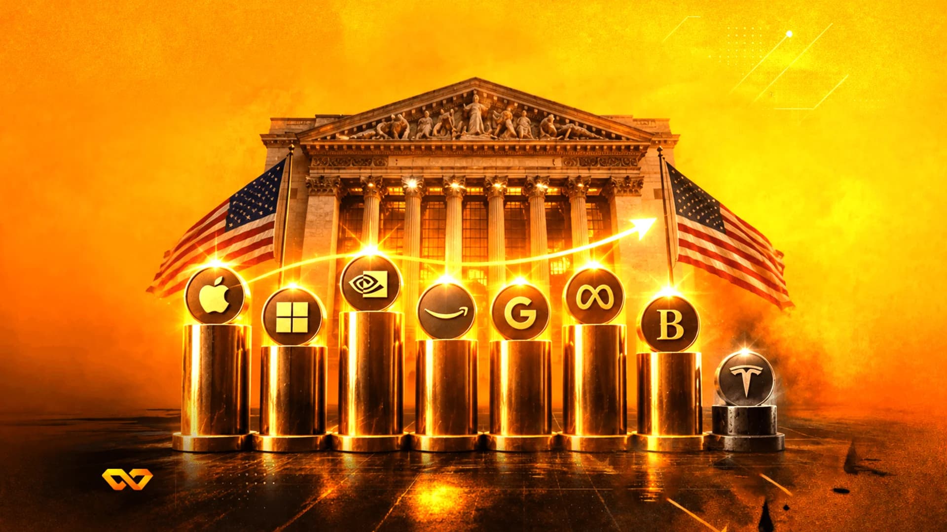 أعمدة ذهبية تحمل شعارات شركات تقنية أمام مبنى كلاسيكي مع أعلام أمريكية وسهم صاعد.