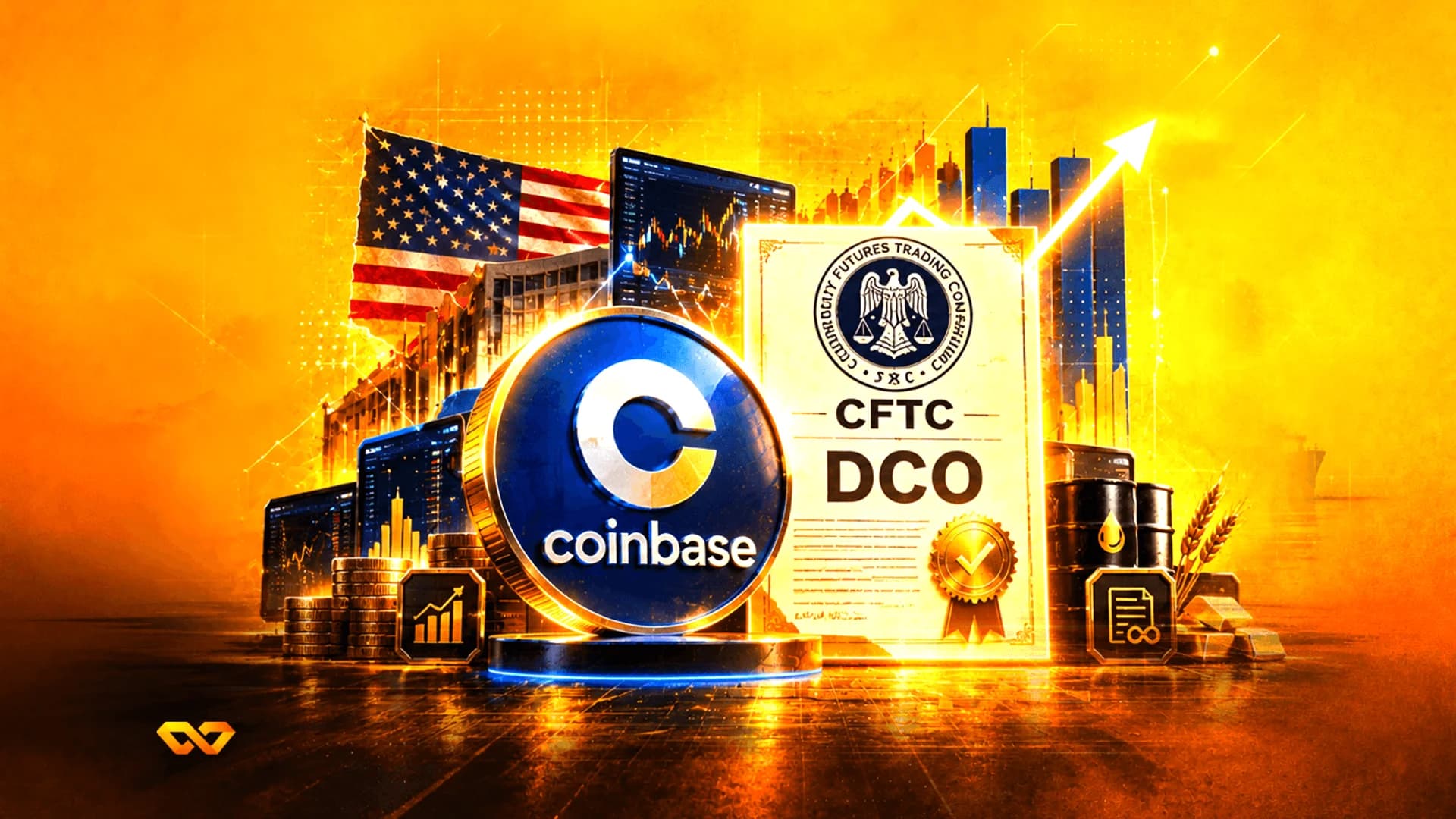 عملة شعار كوين بيس، شهادة CFTC DCO، علم أمريكا، ورسوم بيانية مع سهم صاعد على خلفية ذهبية.