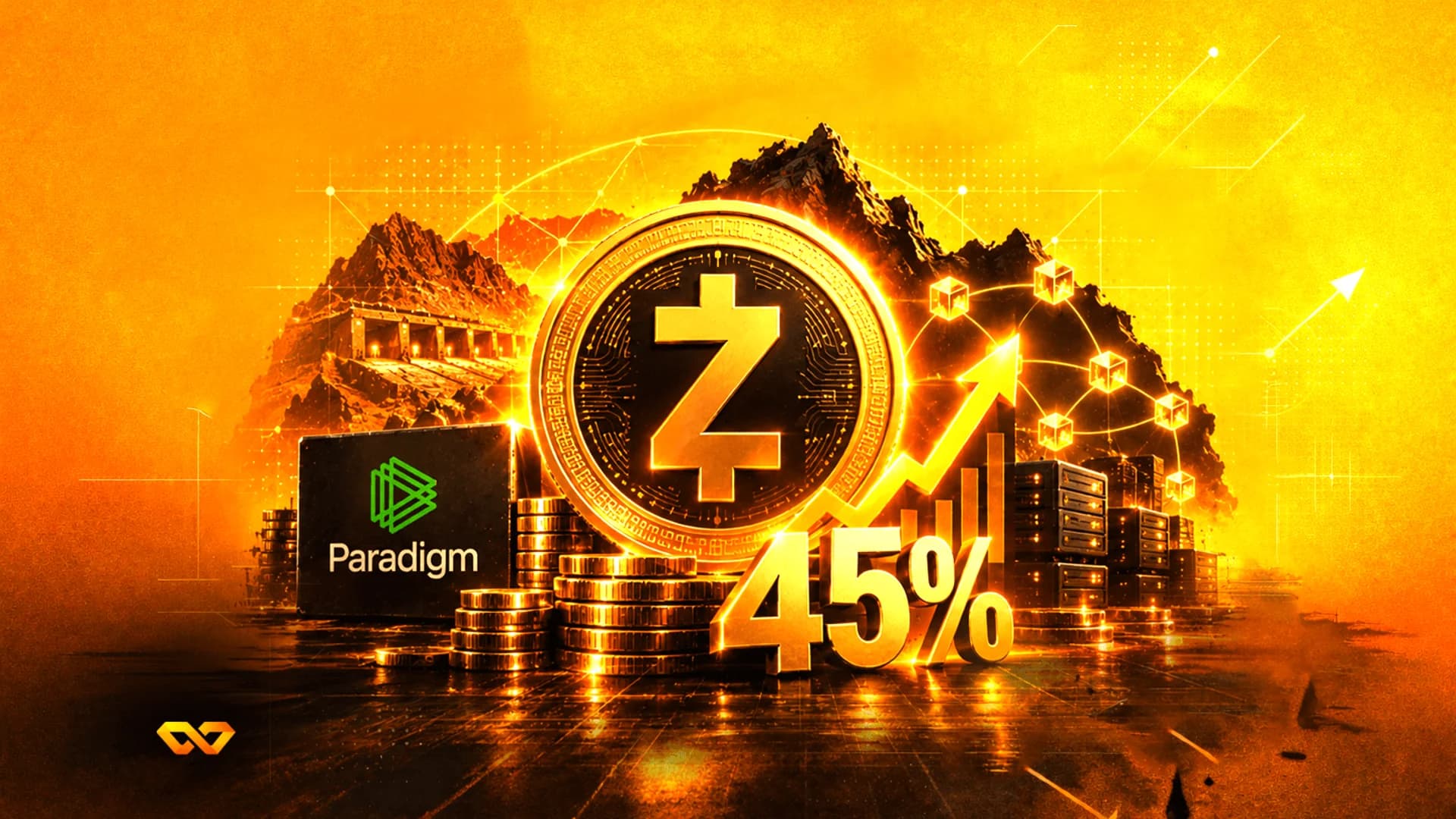 عملة ذهبية برمز Z وشعار Paradigm ورقم 45% مع سهم صاعد في مشهد ذهبي.