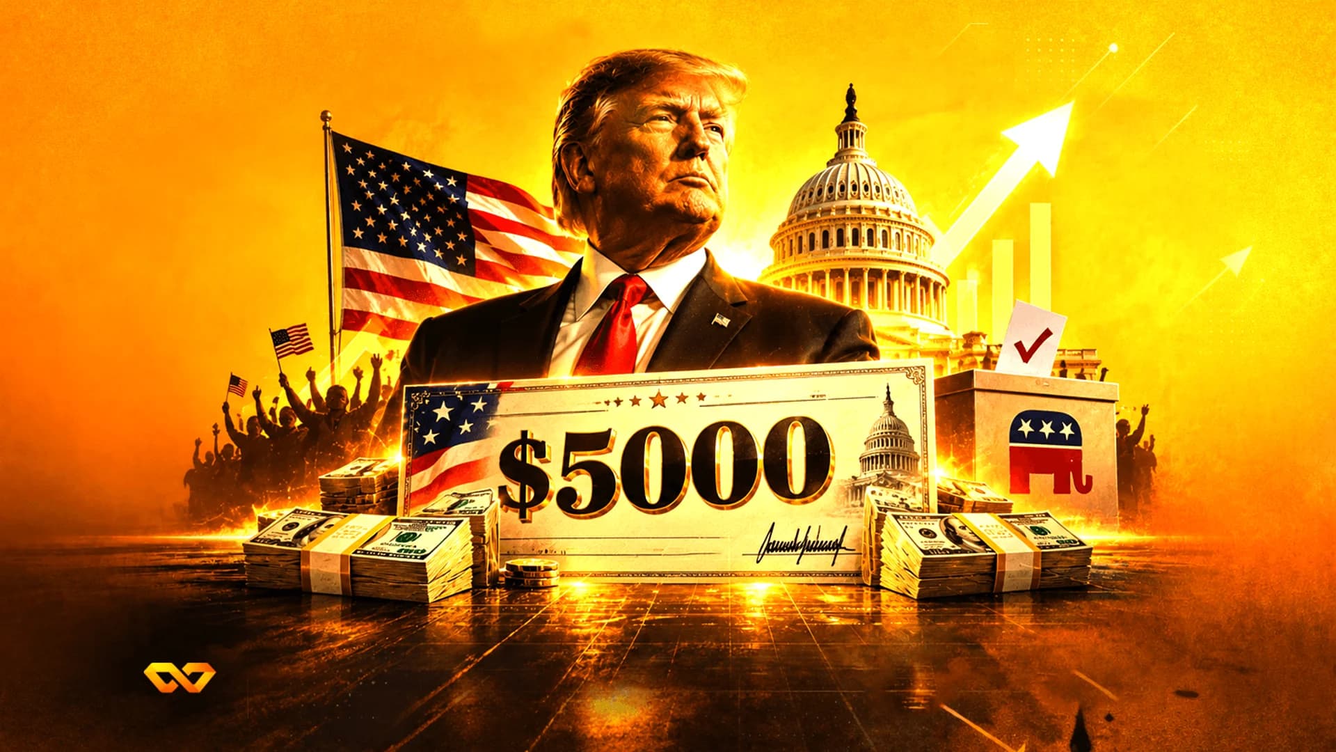 رسم رقمي لدونالد ترامب مع مبنى الكابيتول الأمريكي، وشيك بقيمة 5000 دولار، ورزم من النقود، والعلم الأمريكي.