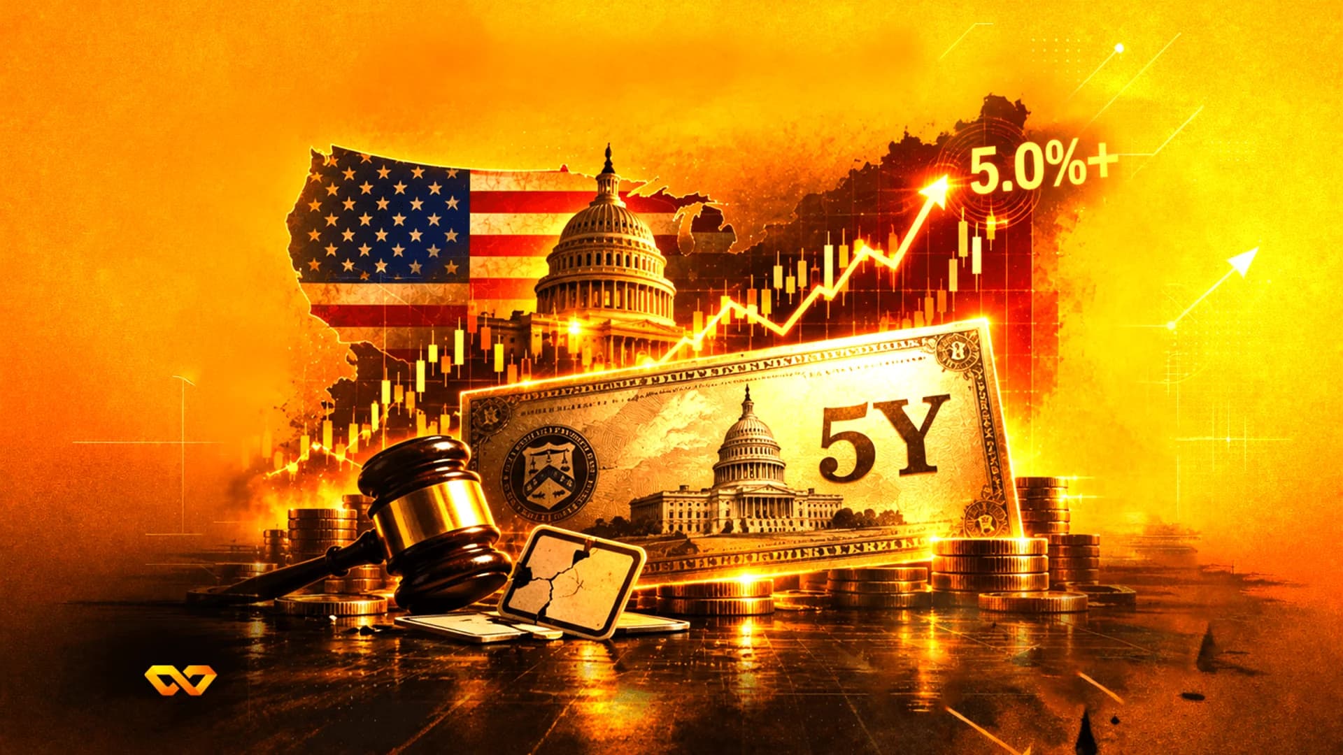 كولاج يضم علم الولايات المتحدة، مبنى الكابيتول، سند 5Y، رسم بياني صاعد، نص 5.0%، ومطرقة قاضٍ على خلفية ذهبية.