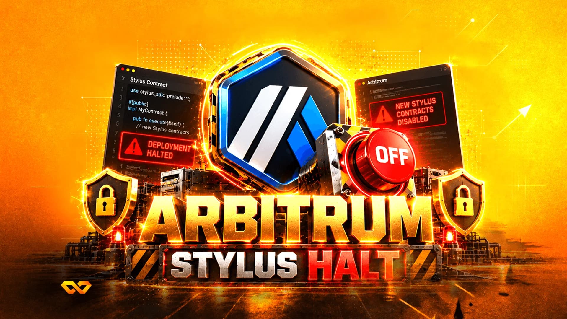 شعار Arbitrum مع نص 'ARBITRUM STYLUS HALT'، وزر 'OFF' أحمر، وعلامات تحذير على شاشات رقمية.