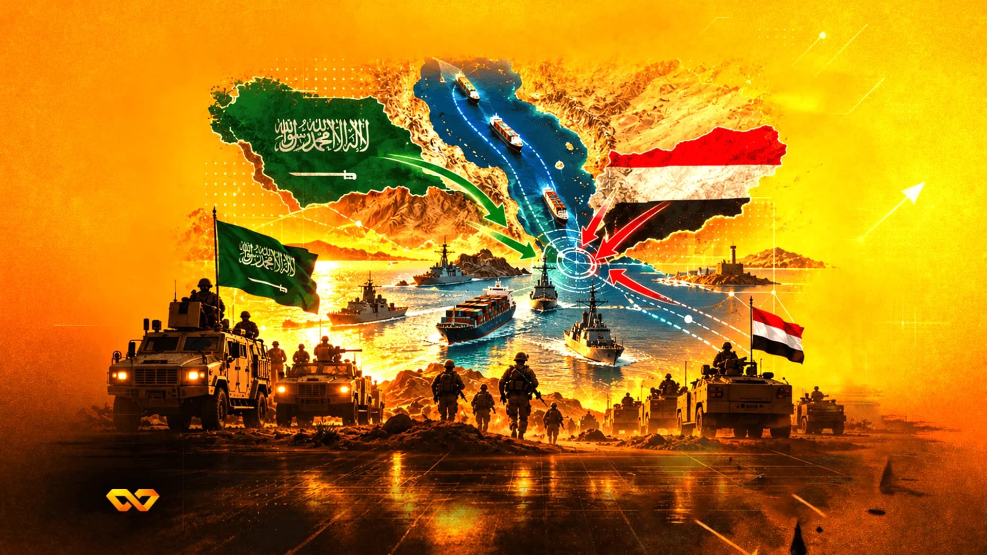 رسم توضيحي لمركبات عسكرية وسفن حربية وخرائط للسعودية واليمن مع أسهم تشير إلى البحر.