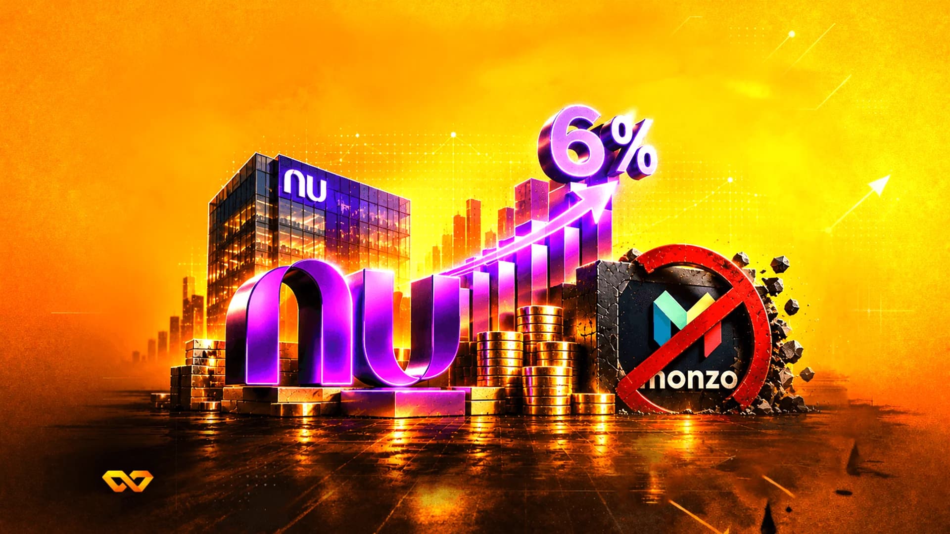 شعار 'nu' أرجواني ثلاثي الأبعاد ومبنى بجانب رسم بياني صاعد، ونسبة 6%، وشعار Monzo مشطوب عليه.