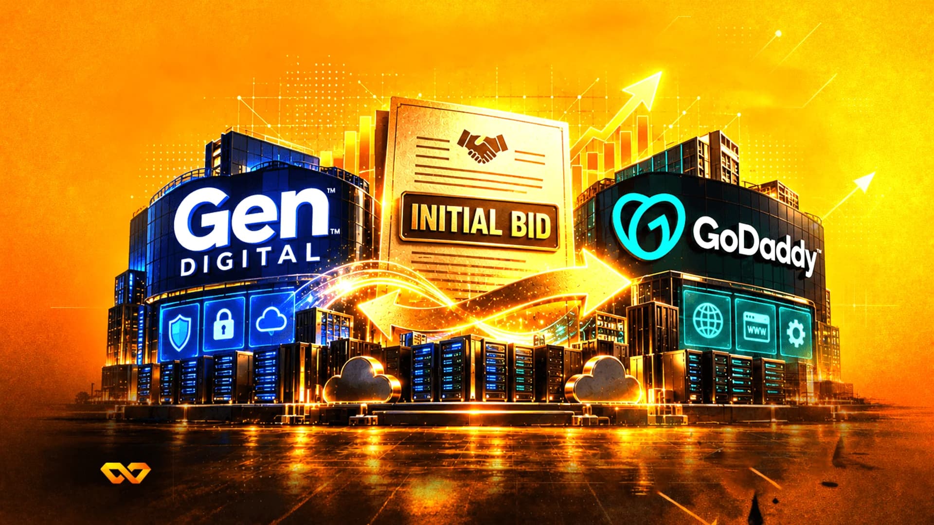 رسم توضيحي رقمي لمباني شركتي Gen Digital وGoDaddy مع وثيقة 'Initial Bid' وخوادم بيانات.