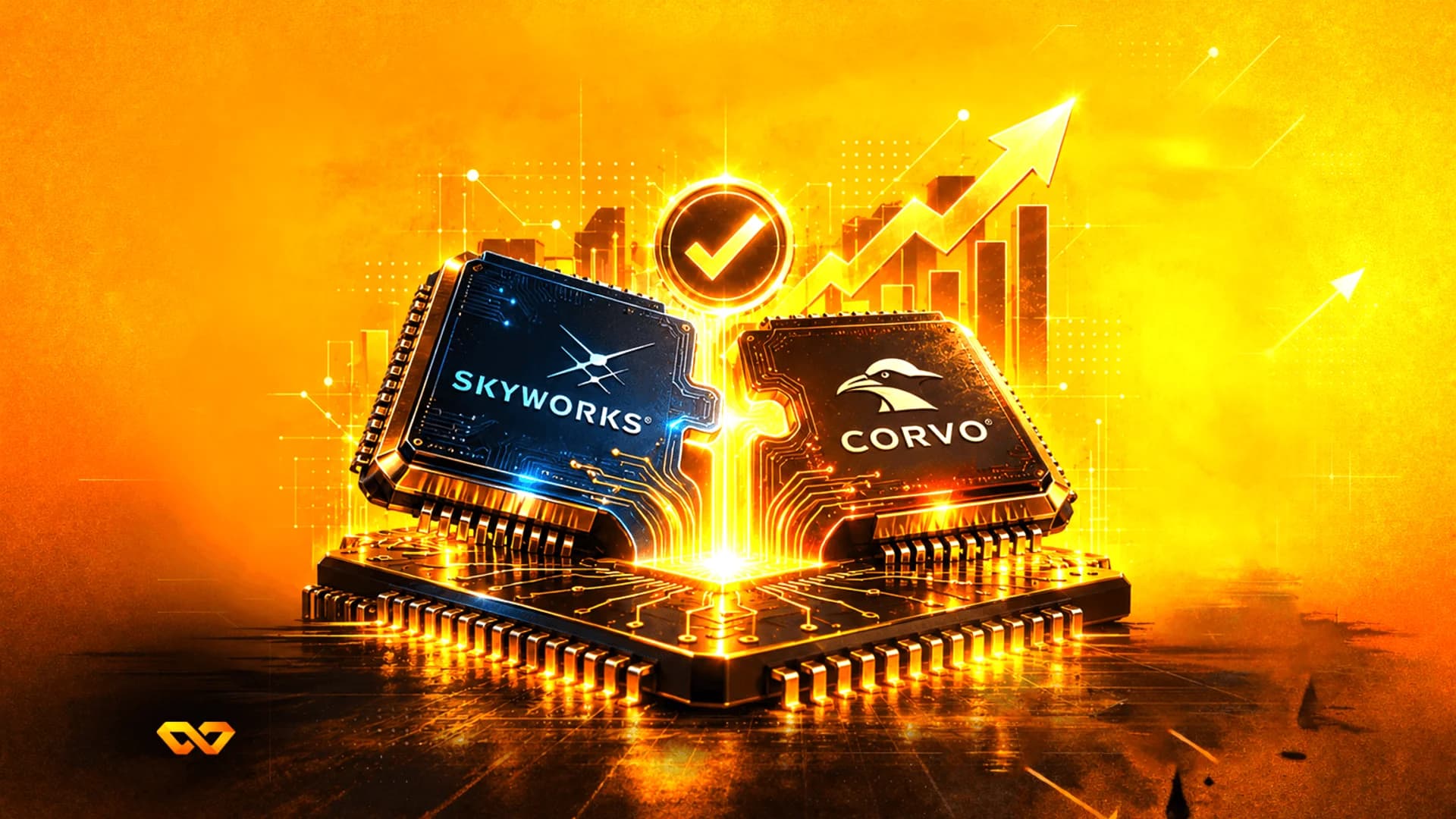 رقاقتا معالجة على شكل قطع أحجية تحملان شعاري Skyworks وCorvo تتحدان معاً على خلفية ذهبية مع سهم صاعد.