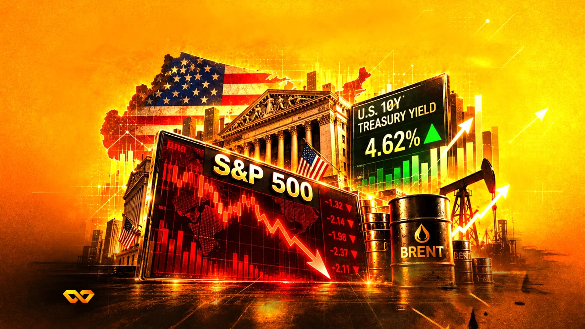 كولاج برتقالي يضم رسمًا لمؤشر S&P 500، وعائد سندات الخزانة، وبراميل نفط برنت، وخريطة بعلم الولايات المتحدة.