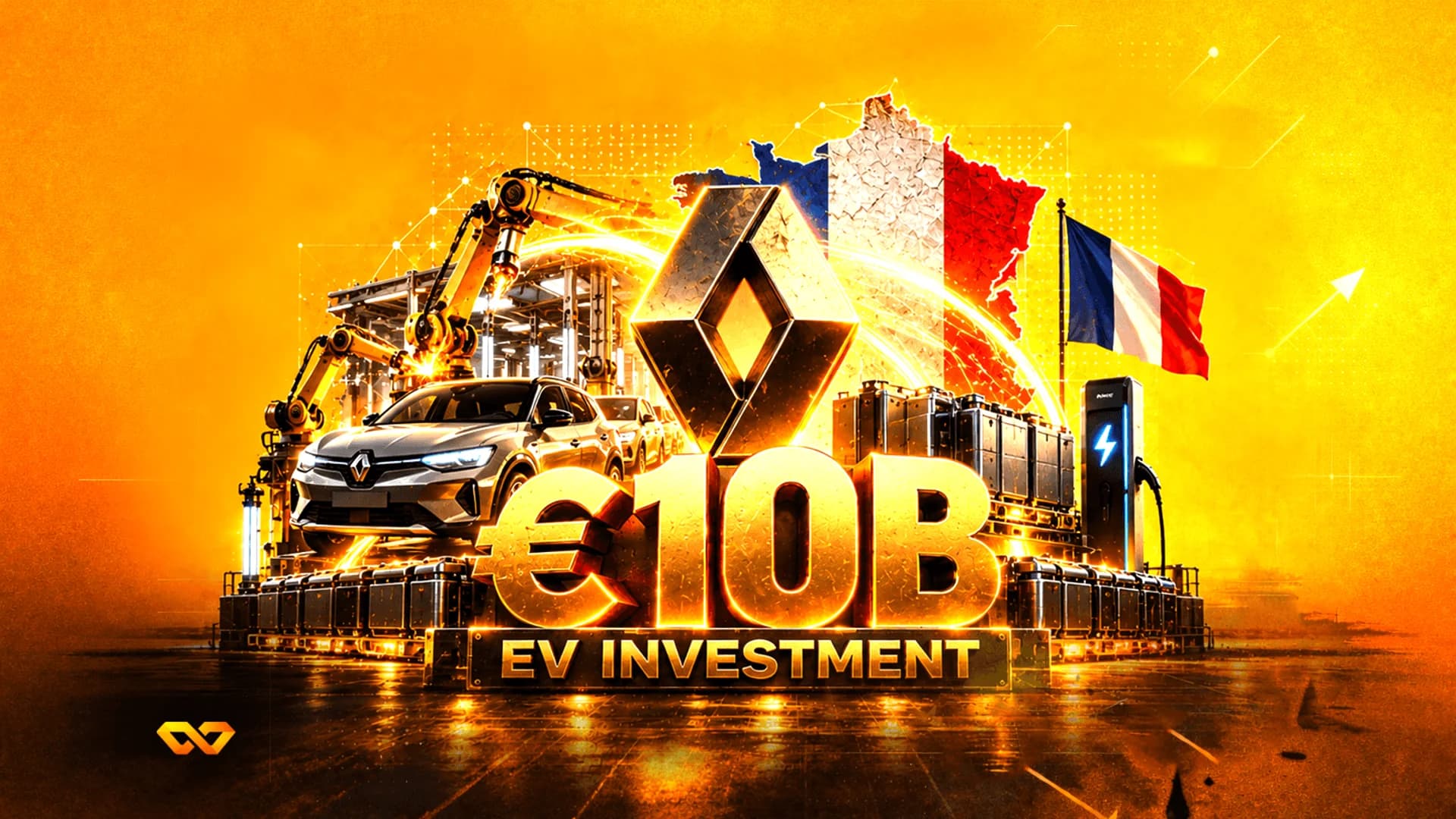 رسم توضيحي لسيارة رينو، أذرع آلية، وعلم فرنسا مع نص '€10B EV INVESTMENT' بخلفية ذهبية.