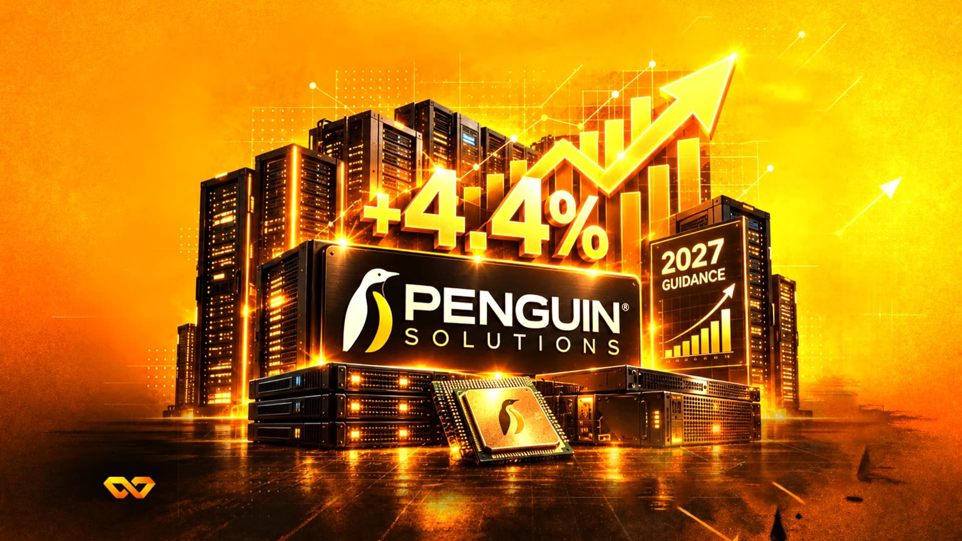 رسم رقمي لشعار Penguin Solutions، وخوادم، وشريحة معالج، ورسم بياني شريطي صاعد مع نص +4.4%.
